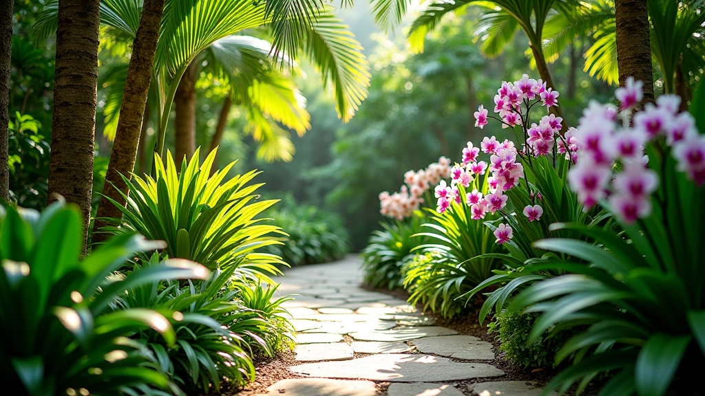 Jardín Botánico de Río Piedras con senderos naturales rodeados de plantas exóticas y flores de orquídeas en plena floración