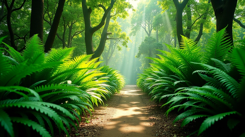 Sendero arbolado dentro del jardín botánico con helechos grandes a ambos lados del camino y luz natural filtrándose entre las hojas