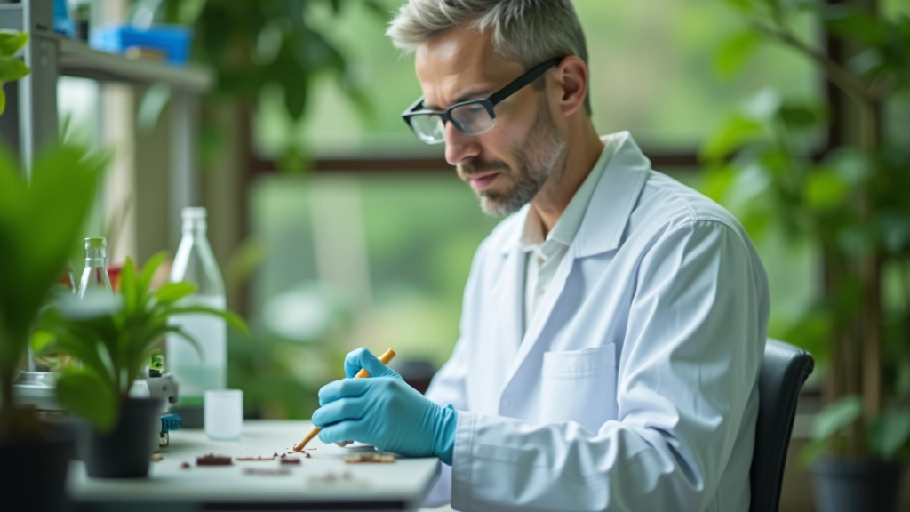 Científico o botánico trabajando en el laboratorio del jardín con plantas de investigación y equipos de análisis en el escritorio
