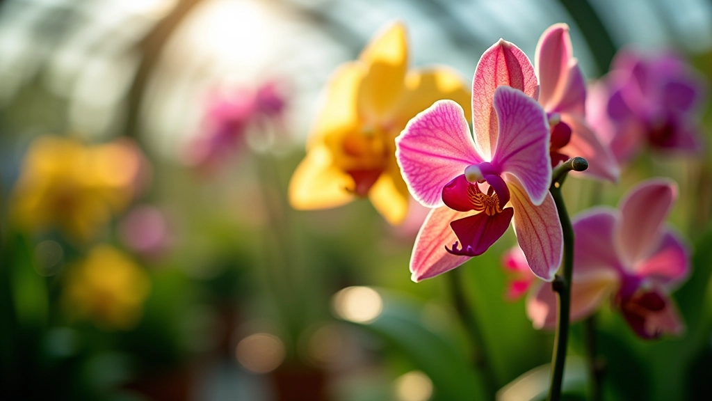 Orquídeas coloridas en floración dentro del orquideario del jardín botánico
