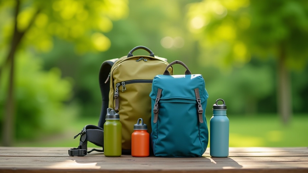 Mochila de día con botellas de agua, protector solar y toalla en una mesa rústica de madera