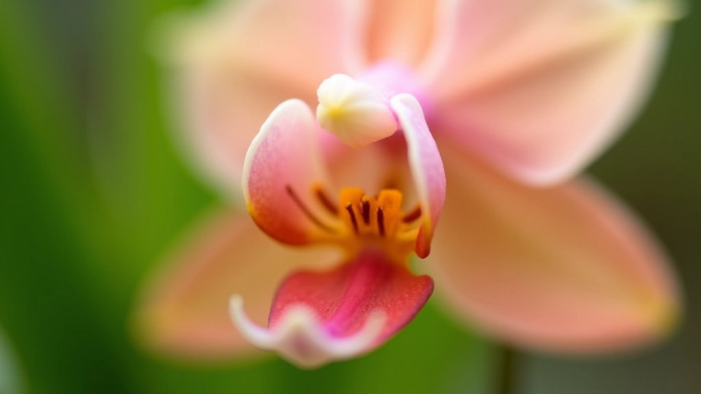 Detalle de la estructura interna de una orquídea mostrando estambres y pistilos