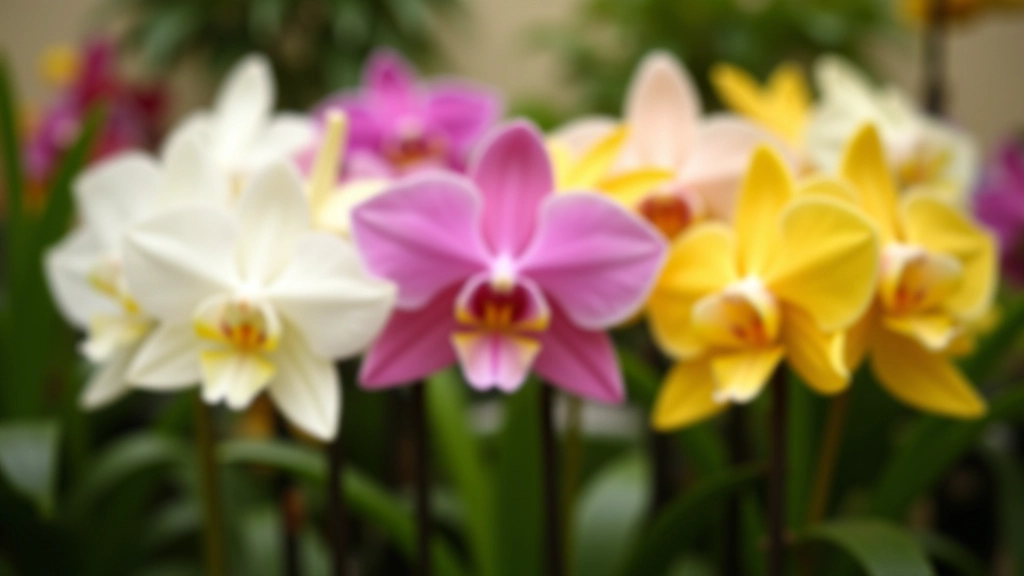 Variedad de orquídeas con diferentes colores: blancas, rosadas y amarillas en exhibición