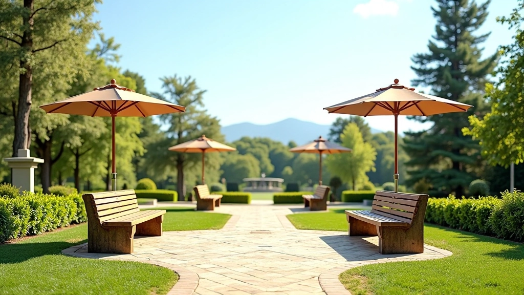 Mirador con vista panorámica del jardín botánico, terraza con varios bancos y sombrilla de protección solar