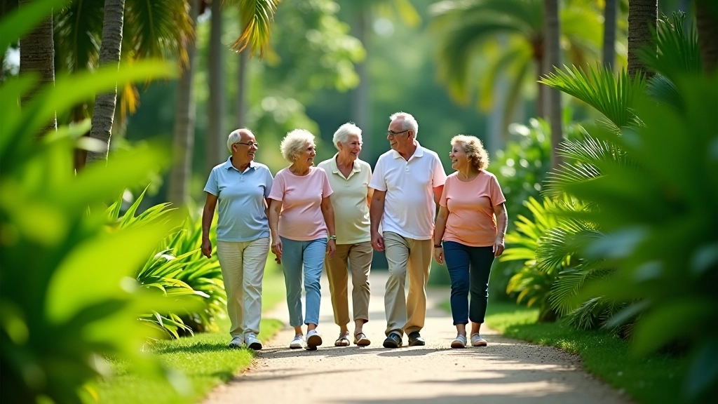 Grupo de jubilados caminando por sendero del jardín botánico rodeado de plantas verdes exuberantes