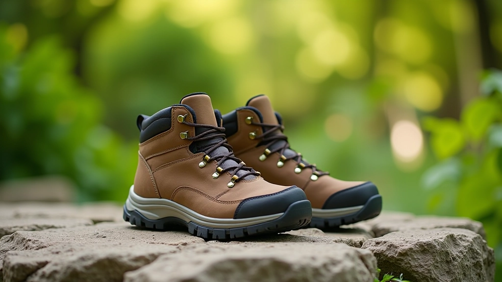 Botas de senderismo cómodas sobre una roca con paisaje de jardín botánico de fondo