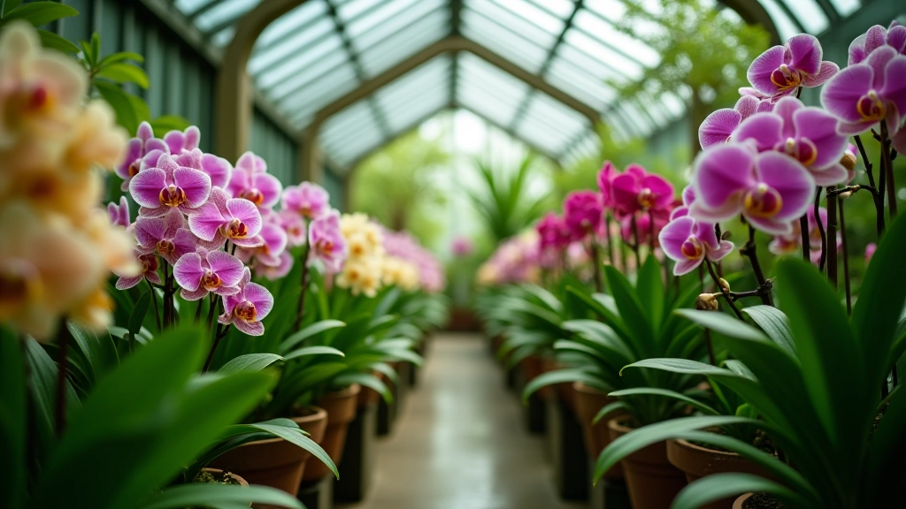 Interior del orquideario con decenas de orquídeas en macetas colgantes y flores de colores vibrantes en plena floración