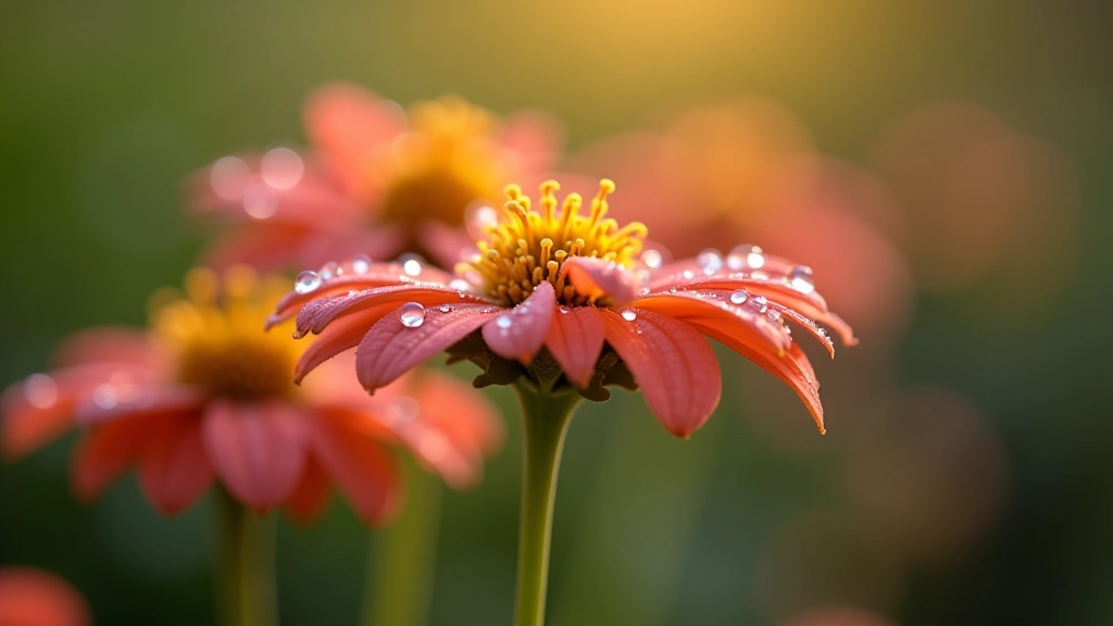Detalle macro de flores silvestres con gotas de rocío en la mañana