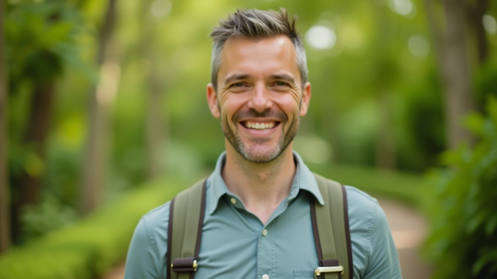 Coordinador de actividades sonriendo en el jardín durante una caminata