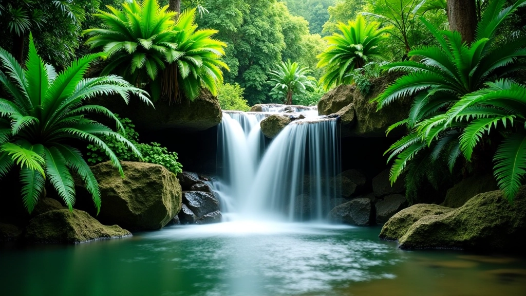 Cascada natural en medio de vegetación frondosa del jardín botánico