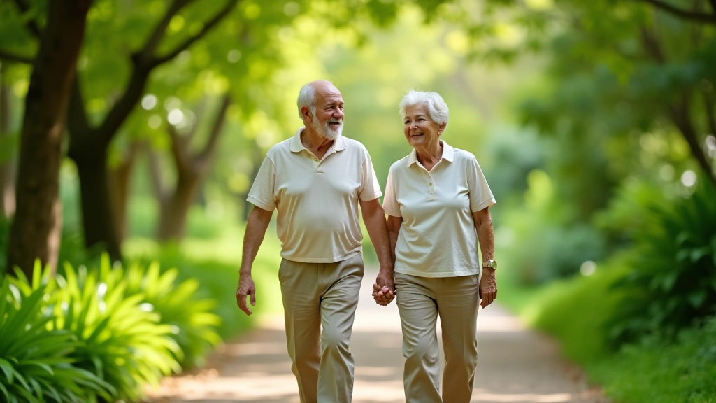 Pareja de adultos mayores caminando por un sendero sombreado del jardín botánico, sonriendo relajadamente