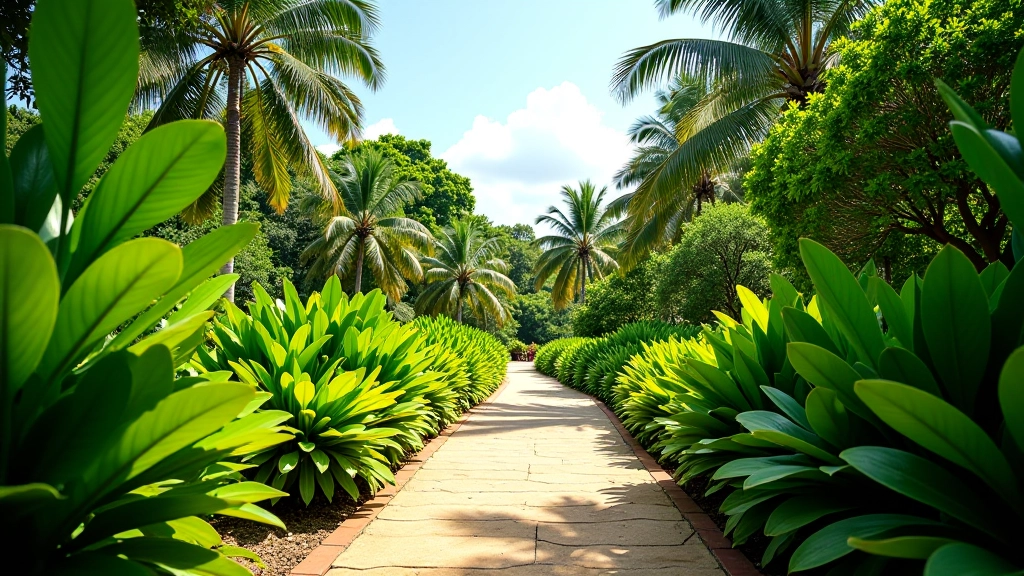 Vista panorámica del jardín botánico con vegetación exuberante y senderos bien cuidados