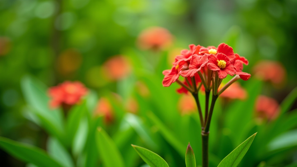 Primer plano de plantas nativas puertorriqueñas con flores rojas y hojas verdes densas en su hábitat natural dentro del jardín