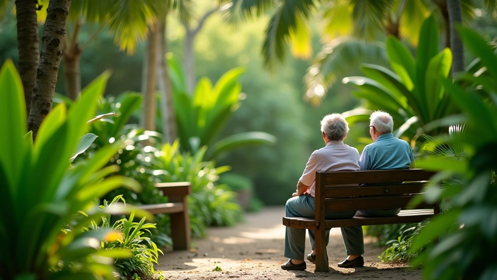 Jubilados descansando en un banco de madera rodeados de vegetación tropical