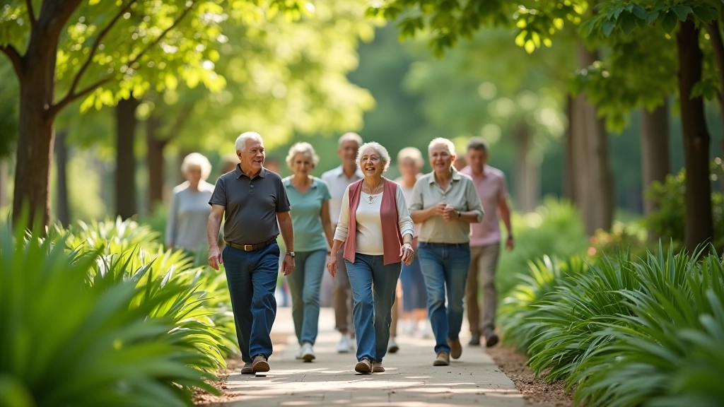 Grupo de jubilados caminando juntos por senderos sombreados del jardín, disfrutando de la naturaleza y las flores en un ambiente tranquilo y amigable