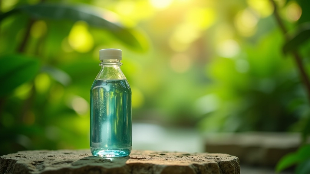 Botella de agua reutilizable sobre una piedra en el bosque tropical del jardín botánico