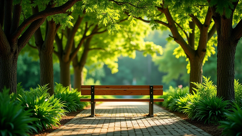 Banco de madera bajo la sombra de árboles frondosos en el jardín botánico, zona tranquila para descansar